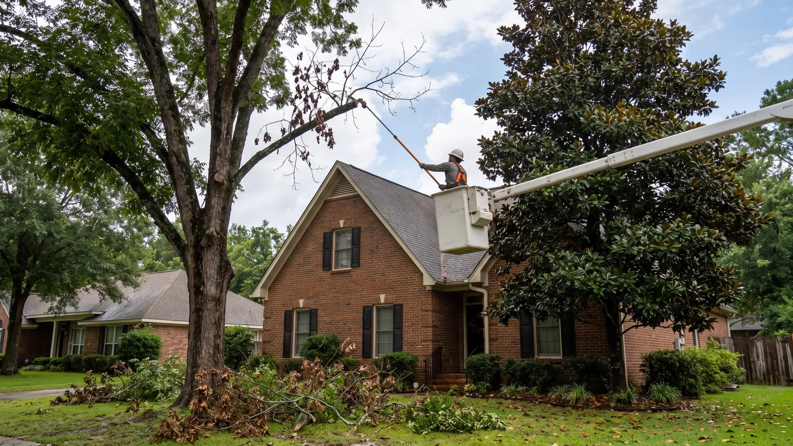Arborist pruning dead branches from a large pecan beside the roofline of a two-story Mobile home