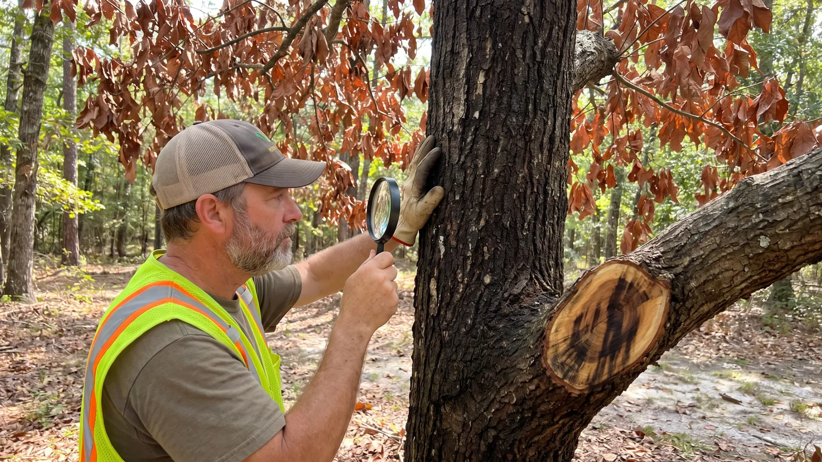 Arborist examining a wilting redbay with dark streaks in the sapwood from laurel wilt in a wooded Gulf Coast yard