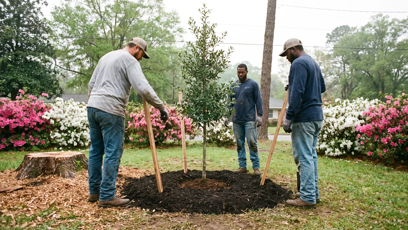 Crew planting a young live oak in a Mobile front yard where a pine was removed, with a fresh mulch ring
