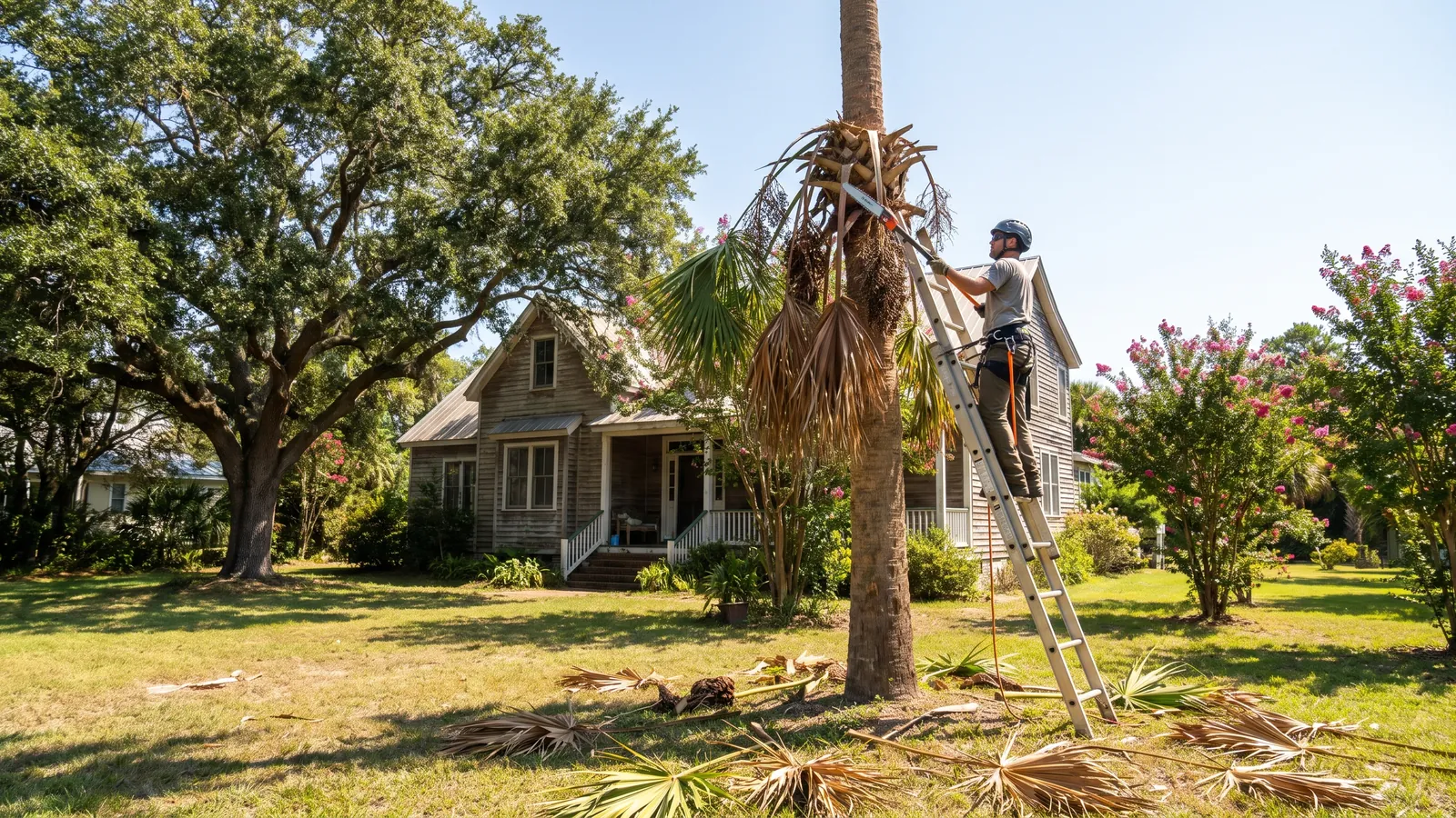 Arborist trimming dead fronds and seed pods from a sabal palm in front of a Gulf Coast home in Mobile